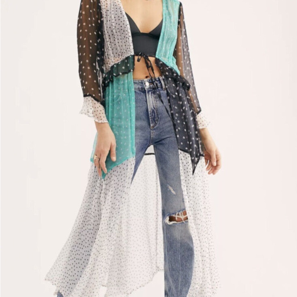 NWT Free People NFC Kimono Jacket Mixed Dot Felicia Maxi Sheer WaistTie Black